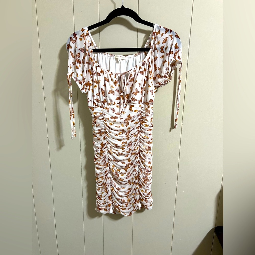 Ultra flirt bodycon white brown butterfly ruched dress size large